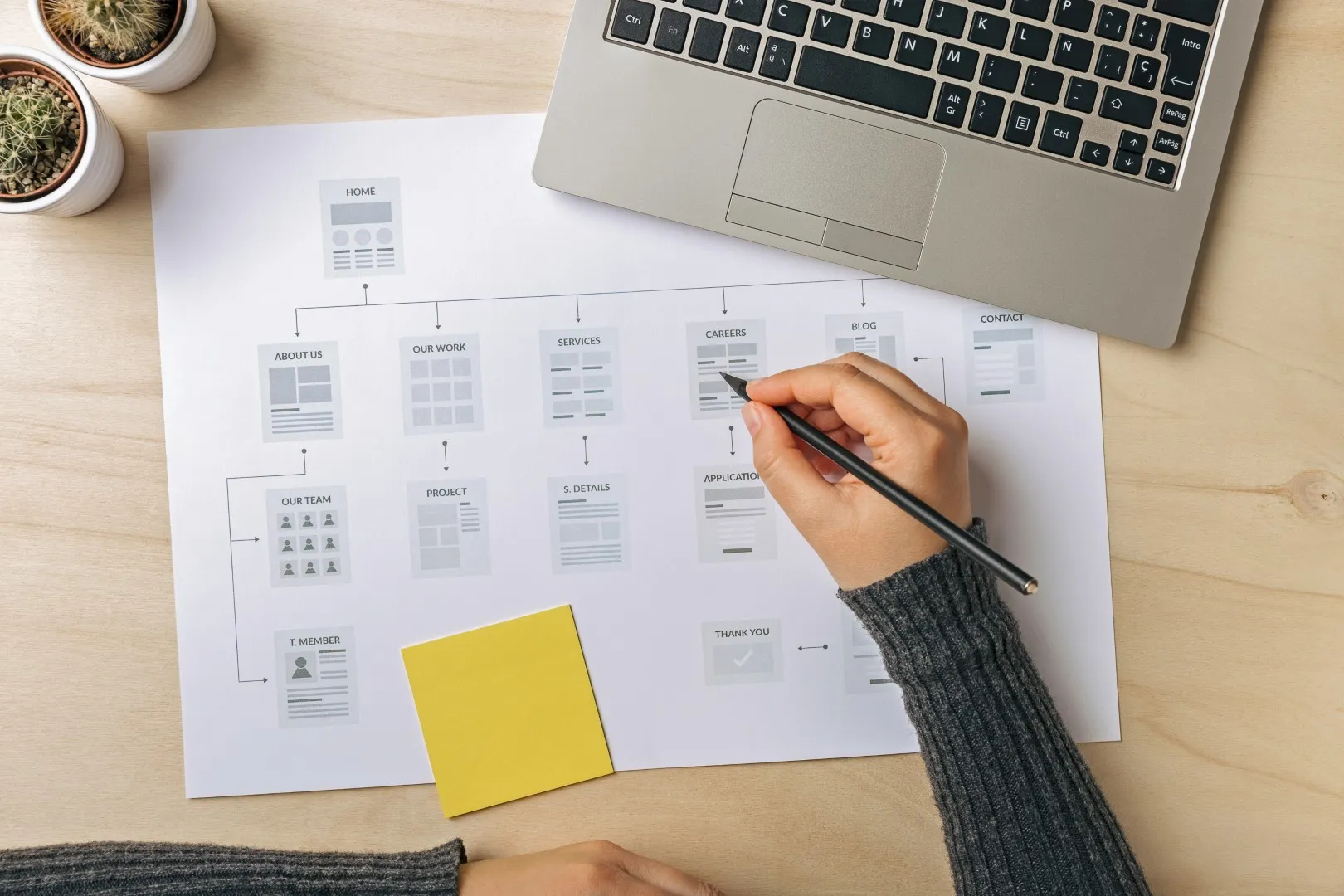 UX/UI Design Process - Designer creating website sitemap and wireframe on paper with laptop, showing information architecture and user flow planning